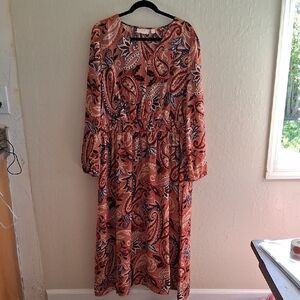 Belle by Kim Gravel Long Sleeve Paisley Midi Dress in Rust and Navy